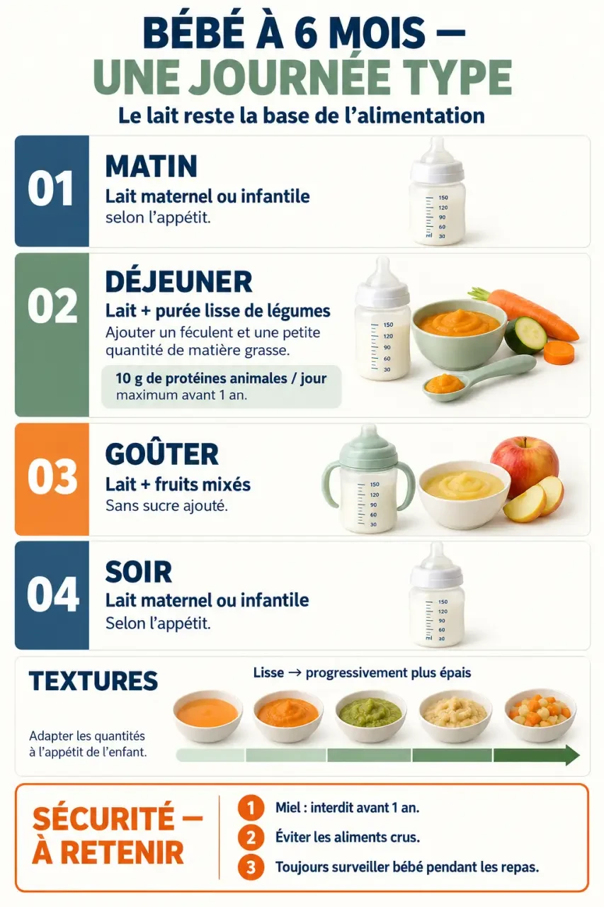 Infographie alimentation bébé 6 mois tableau PDF avec journée type, textures et quantités indicatives