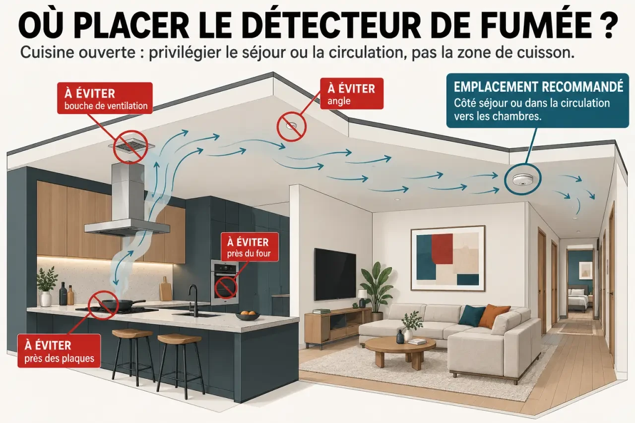 Schéma pour savoir où installer un détecteur de fumée dans une cuisine ouverte, côté séjour et loin des plaques