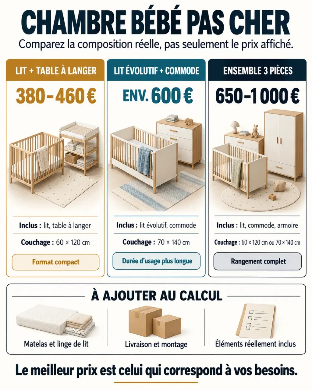 Infographie comparative pour choisir une chambre bébé pas cher selon la composition et le budget