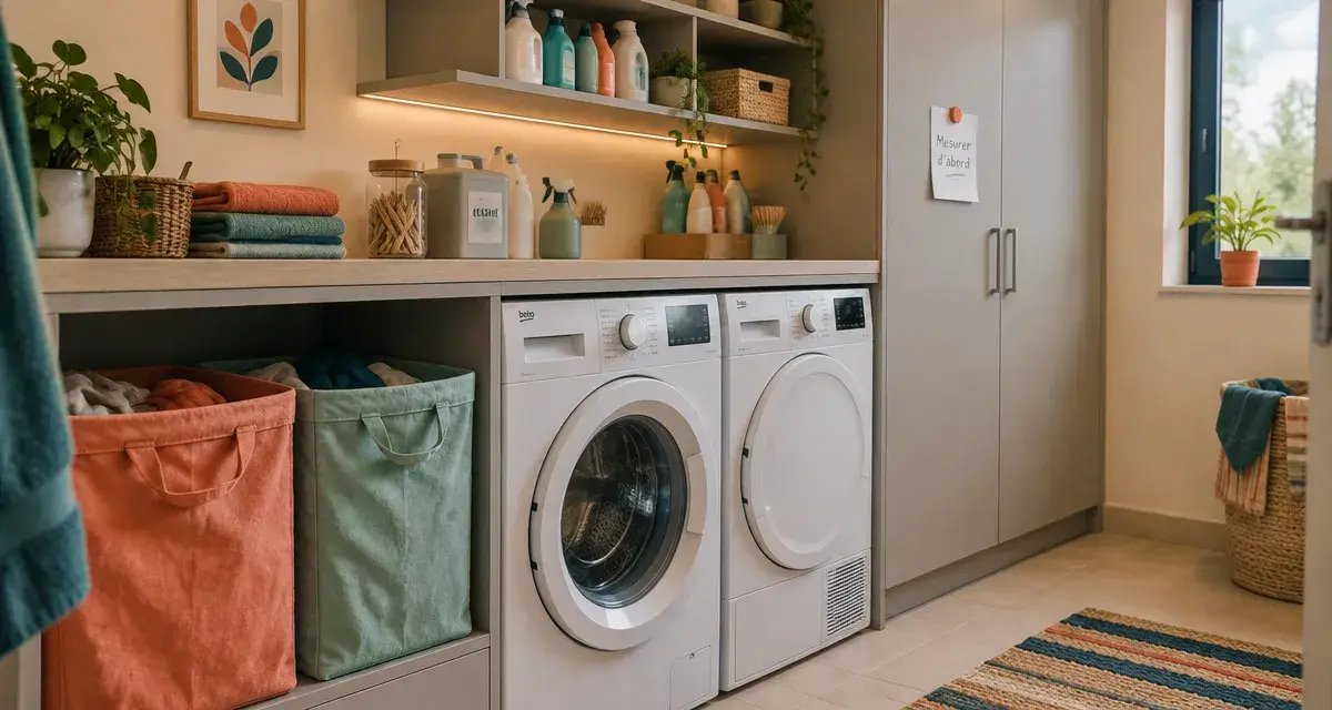 Meubles pour buanderie : armoire haute et surmeuble dans une buanderie